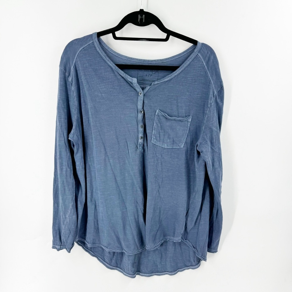 ✅ Free People Women's Frontier‎ Slub Henley Shirt BLUE SIZE SMALL
